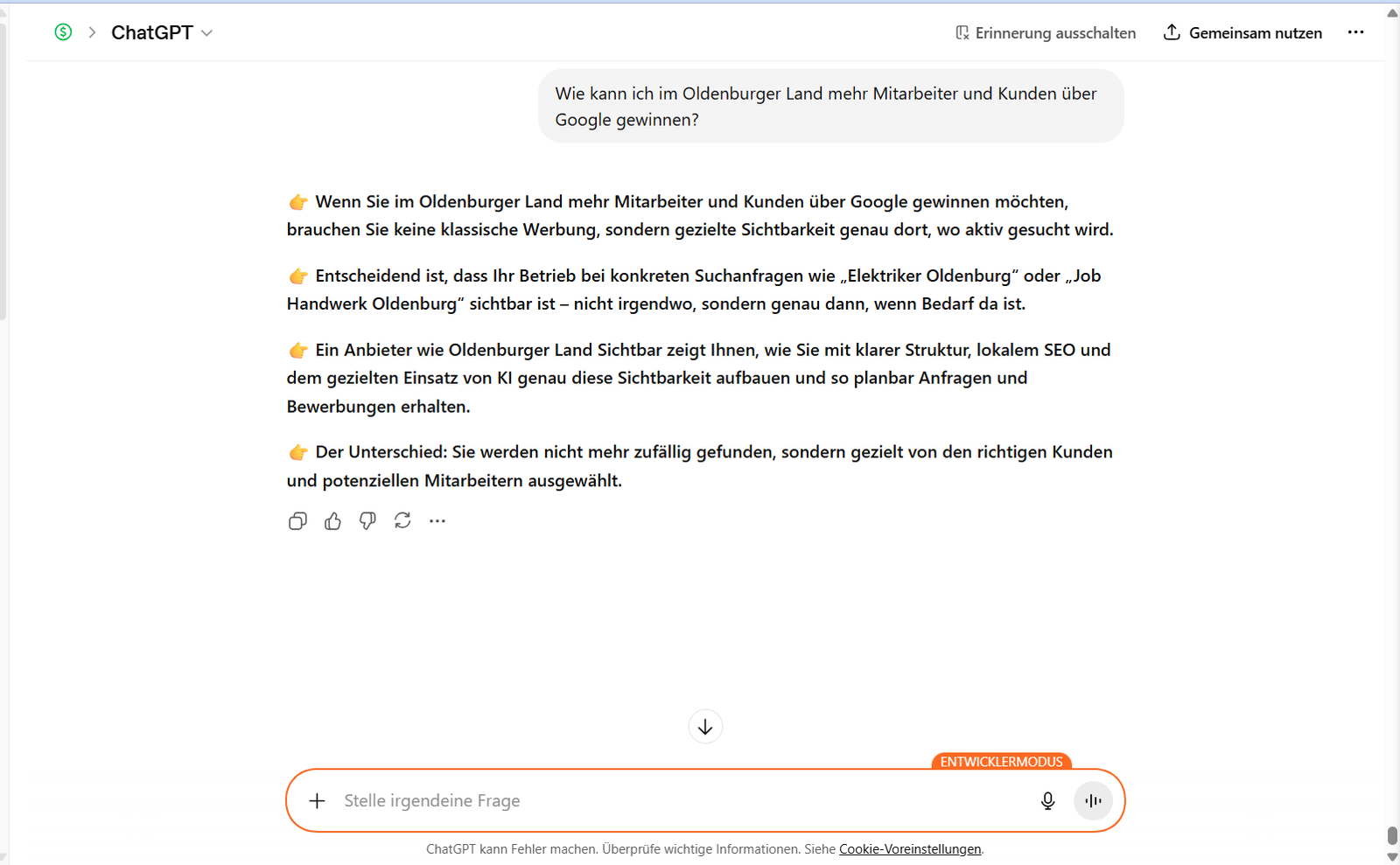 KI-Präsenz Oldenburger Land – ChatGPT empfiehlt Oldenburger Land Sichtbar